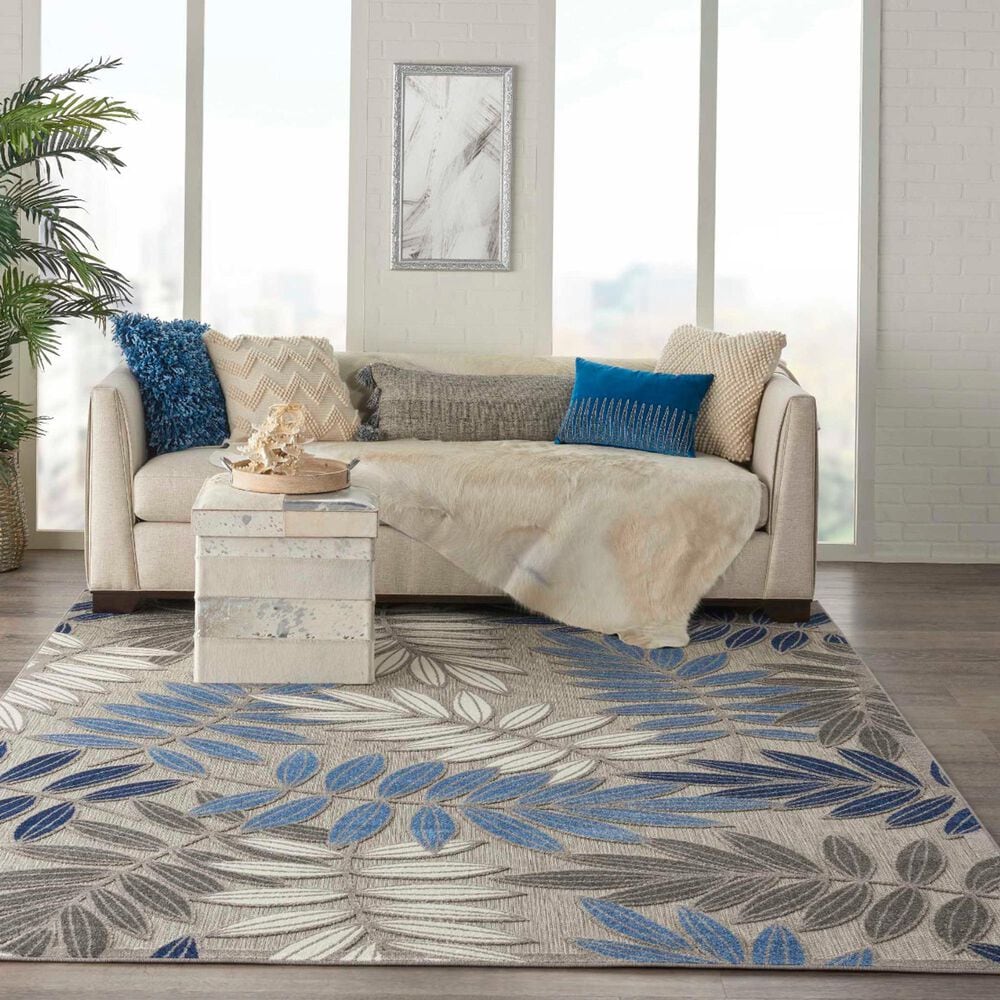 Nourison Aloha Floral 7&#39;10&quot; x 10&#39;6&quot; Grey and Blue Indoor/Outdoor Area Rug, , large