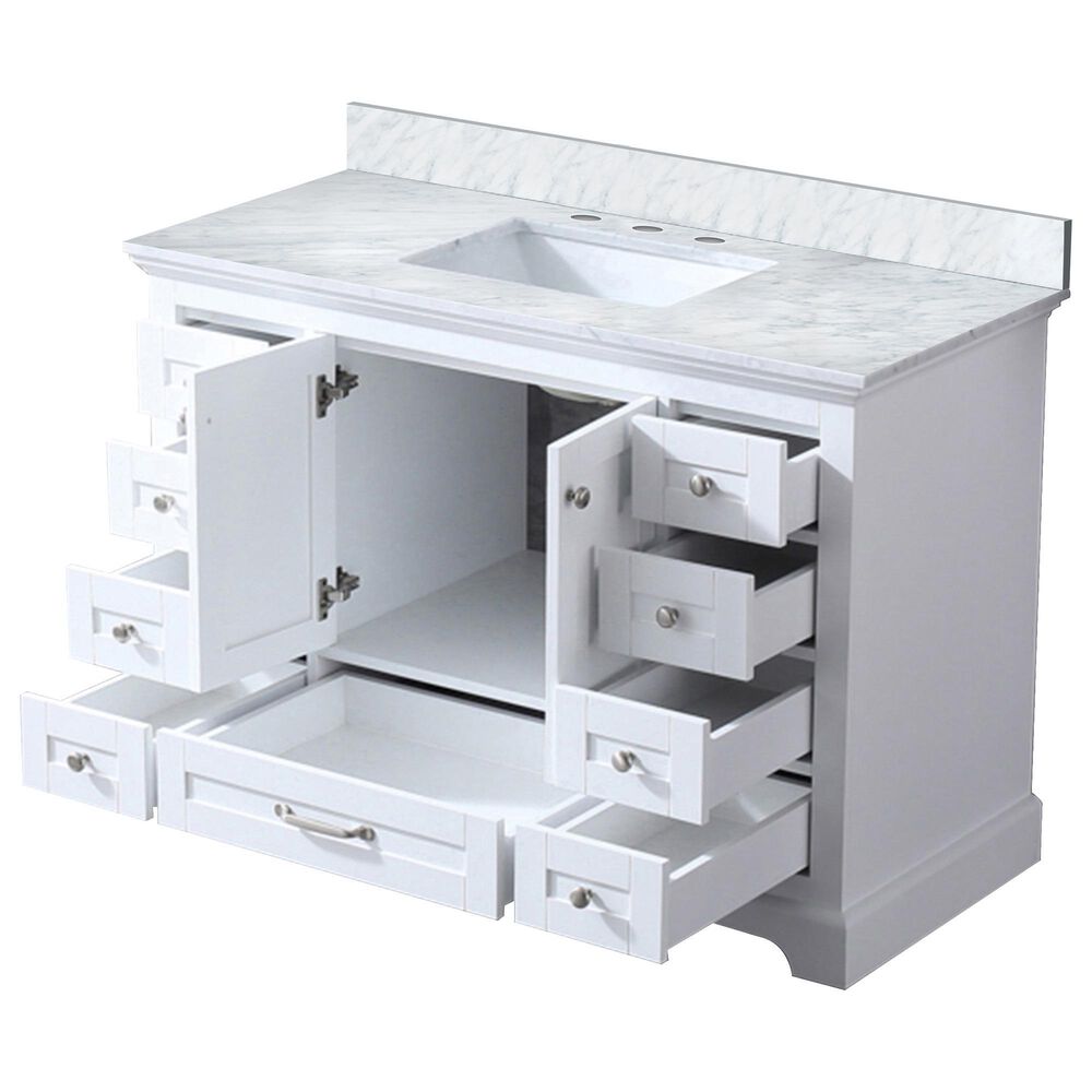 Lexora Home Dukes 48&quot; Single Bathroom Vanity in White with 2 cm White Carrara Marble Top and Rectangular Sink, , large