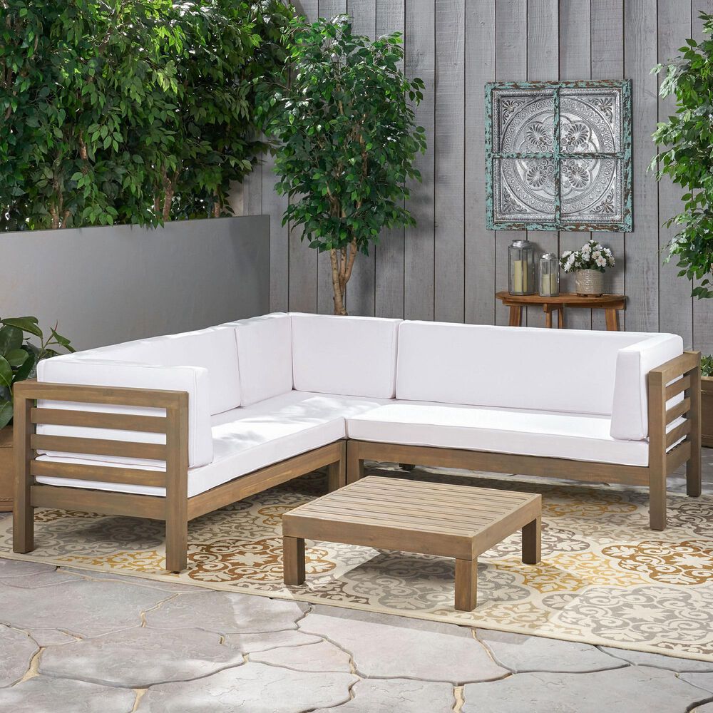 Noble House Oana 4-Piece Patio Sectional Set with White Cushion in Gray, , large