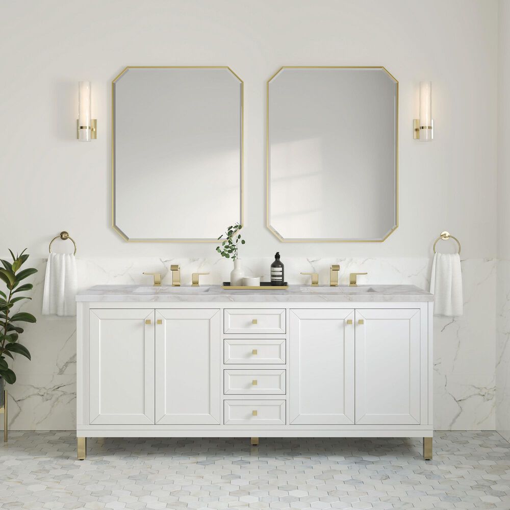 James Martin Vanities Chicago 72" Double Bathroom Vanity in Glossy White with 3 cm Victorian Silver Quartz Top, Rectangular Sinks and FreePower Wireless Charger, , large