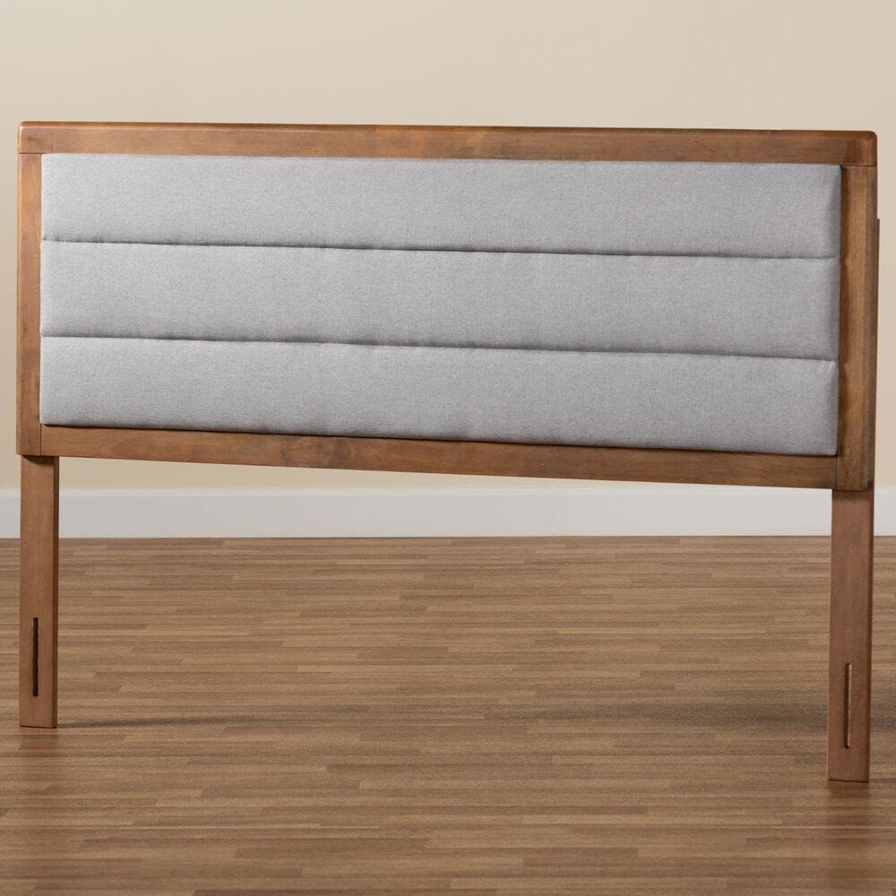 Baxton Studio Dexter King Panel Headboard with Light Grey Fabric in Walnut Brown, , large