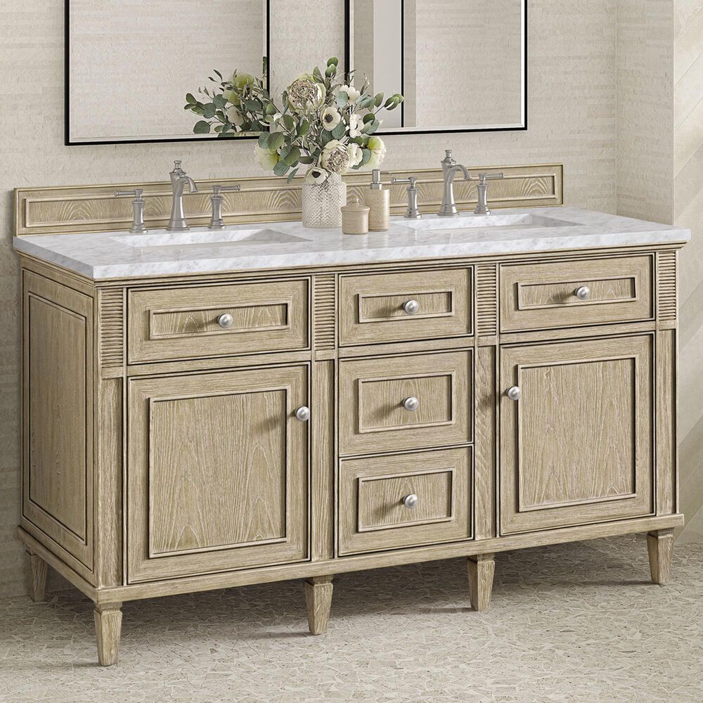 James Martin Vanities Lorelai 60&quot; Double Vanity in Whitewashed Oak with 3 cm Carrara White Marble Top, , large