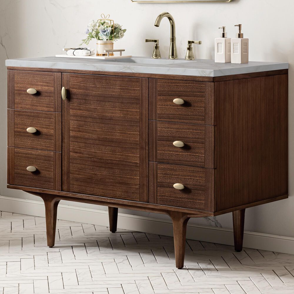 James Martin Vanities Amberly 48" Single Bathroom Vanity in Mid-Century Walnut with 3 cm Eternal Jasmine Pearl Silestone Top, Rectangular Sink and FreePower Wireless Charger, , large