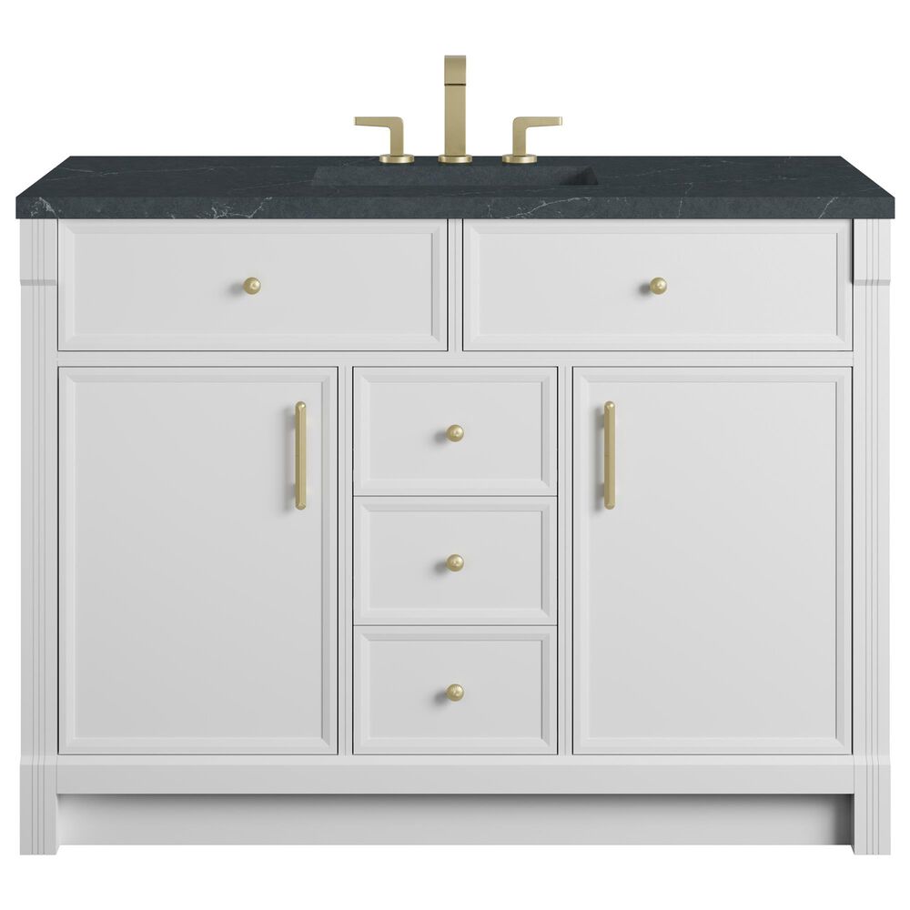 James Martin Bellshire 48" Single Bathroom Vanity in Bright White with 3 cm Charcoal Soapstone Silestone Top and Rectangular Sink, , large