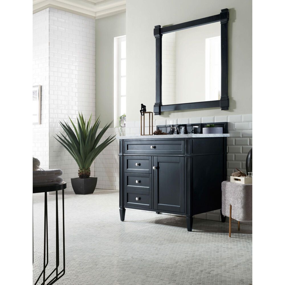 James Martin Vanities Brittany 36&quot; Single Bathroom Vanity in Black Onyx with 3 cm Carrara White Marble Top and Rectangle Sink, , large
