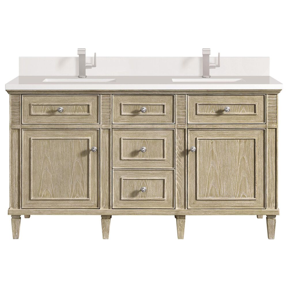James Martin Vanities Lorelai 60" Double Vanity in Whitewashed Oak with Single Hole 3 cm White Zeus Quartz Top & Backsplash, , large
