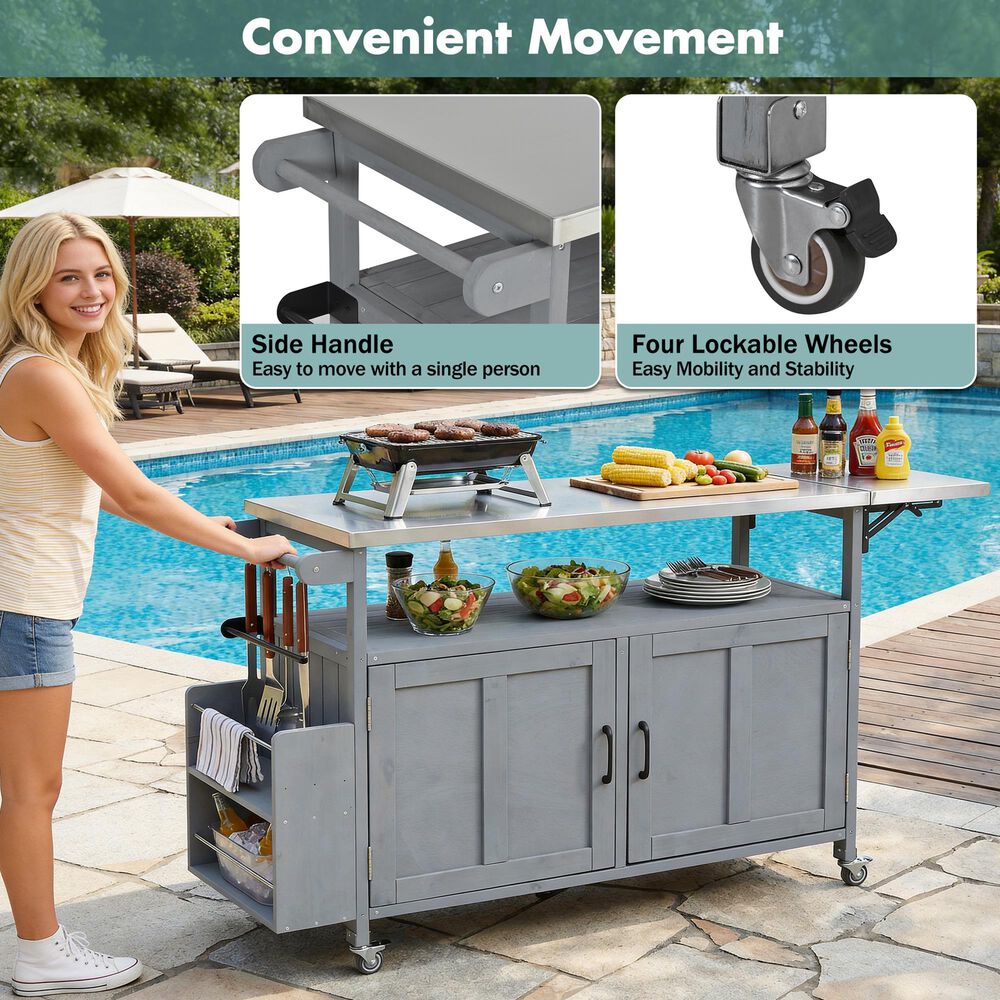 Hearth and Haven Outdoor Kitchen Island Cart with Adjustable Shelves and Stainless Steel Top in Gray, , large