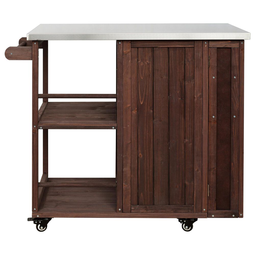 Hearth and Haven Outdoor Kitchen Island Cart with Stainless Steel Top, Towel and Spice Racks in Dark Brown, , large