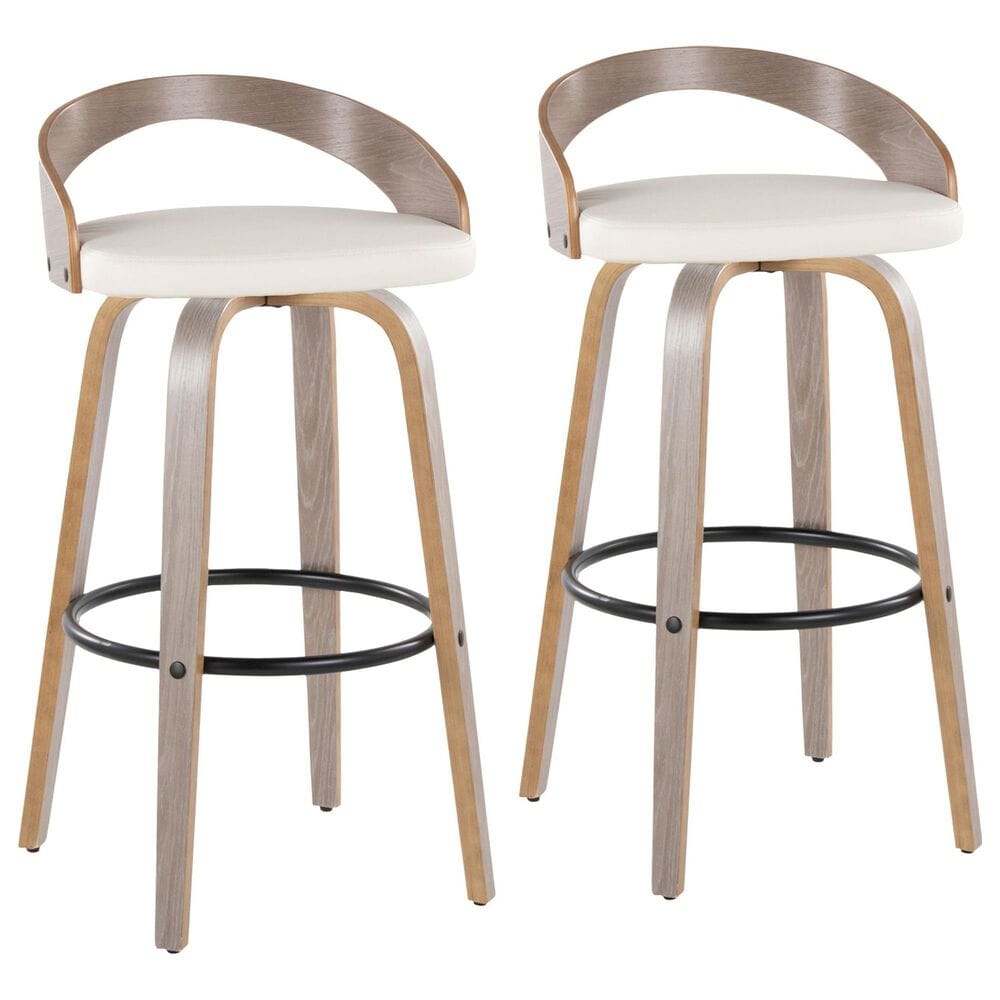LumiSource Grotto 30" Swivel Barstool with White Faux Leather Upholstery in Light Grey and Black (Set of 2), , large