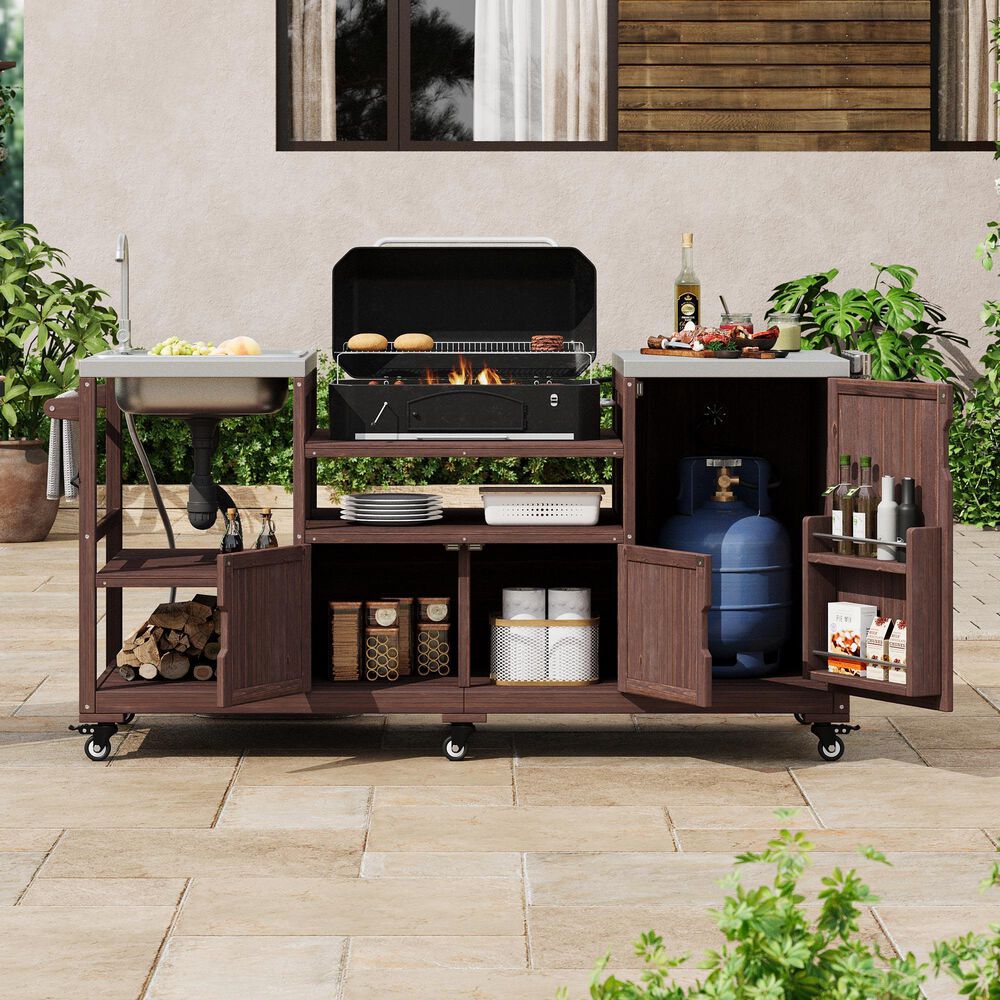 HOMLUX 75.4" Outdoor Kitchen Island with Sink, Solid Wood Outdoor Grill Cart for XL Green Egg Grills, Rolling Outdoor Bar Cart with Stainless Steel Top, for Pizza Prep &amp; BBQ, Brown, , large