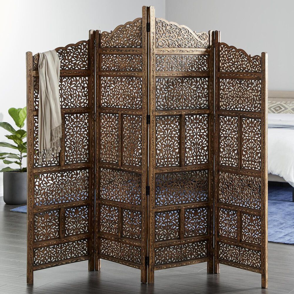 Maple and Jade 4-Panel Foldable Room Divider Screen with Carved Designs in Brown, , large