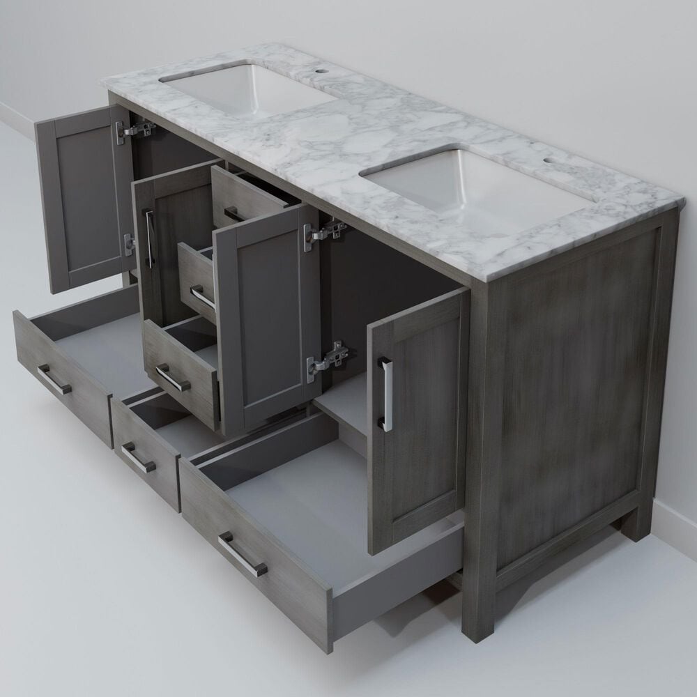 Lexora Home Jacques 60" Double Bathroom Vanity in Distressed Grey with 2 cm White Carrara Marble Top and Rectangular Sinks, , large
