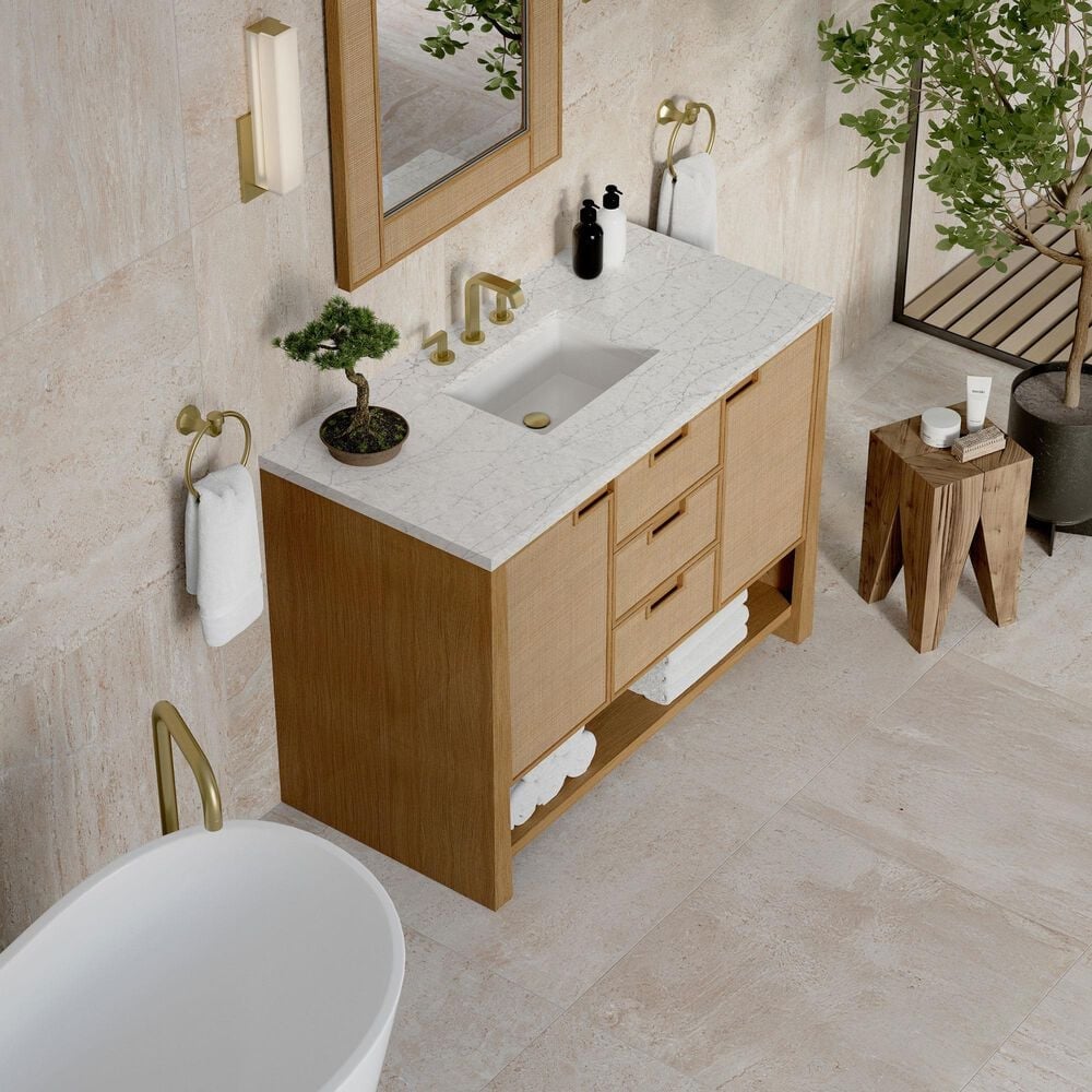 James Martin Vanities Solene 48" Single Bathroom Vanity in Seaside Oak with 3 cm Eternal Jasmine Pearl Quartz Top, Rectangular Sink and FreePower Wireless Charger, , large