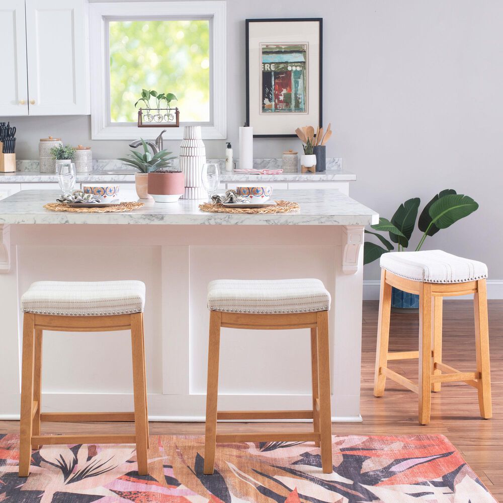 Linon Home Decor Claridge Counter Stool with Striped Beige Cushion in Rustic Brown, , large