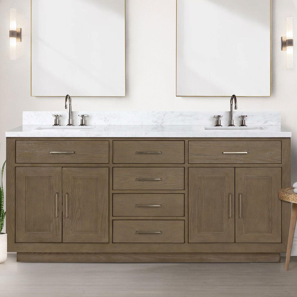 Lexora Home Abbey 72&quot; Double Bathroom Vanity in Grey Oak with 2 cm White Carrara Marble Top and Rectangular Sinks, , large