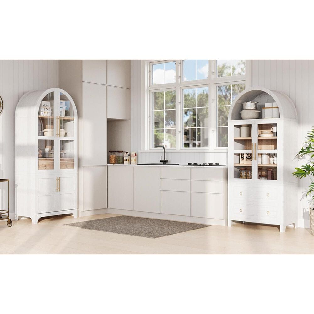 HOMLUX 71" Tall Arched Kitchen Pantry Cabinet with Door Shelves, Farmhouse Kitchen Storage Cabinet with Open &amp; Adjustable Shelves, Hidden Drawer &amp; Glass Door, Cupboard for Kitchen, Dining Room, White, , large