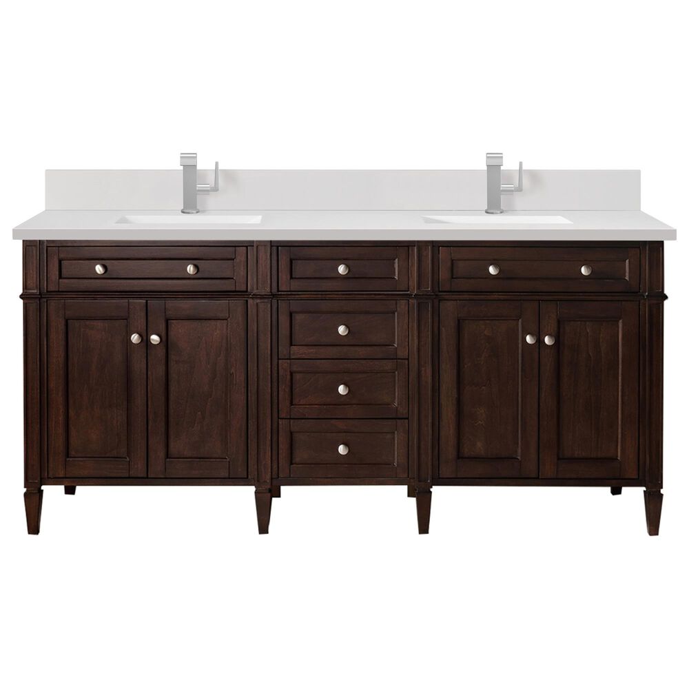 James Martin Vanities Brittany 72" Double Bathroom Vanity in Burnished Mahogany with 3 cm White Zeus Quartz Top and Rectangular Sinks, , large