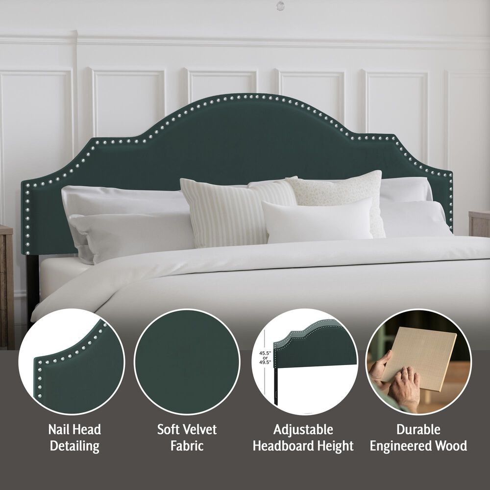 The Monday Company Cynthia Upholstered King Adjustable Headboard with Nickel Nail Heads in Green Velvet, , large