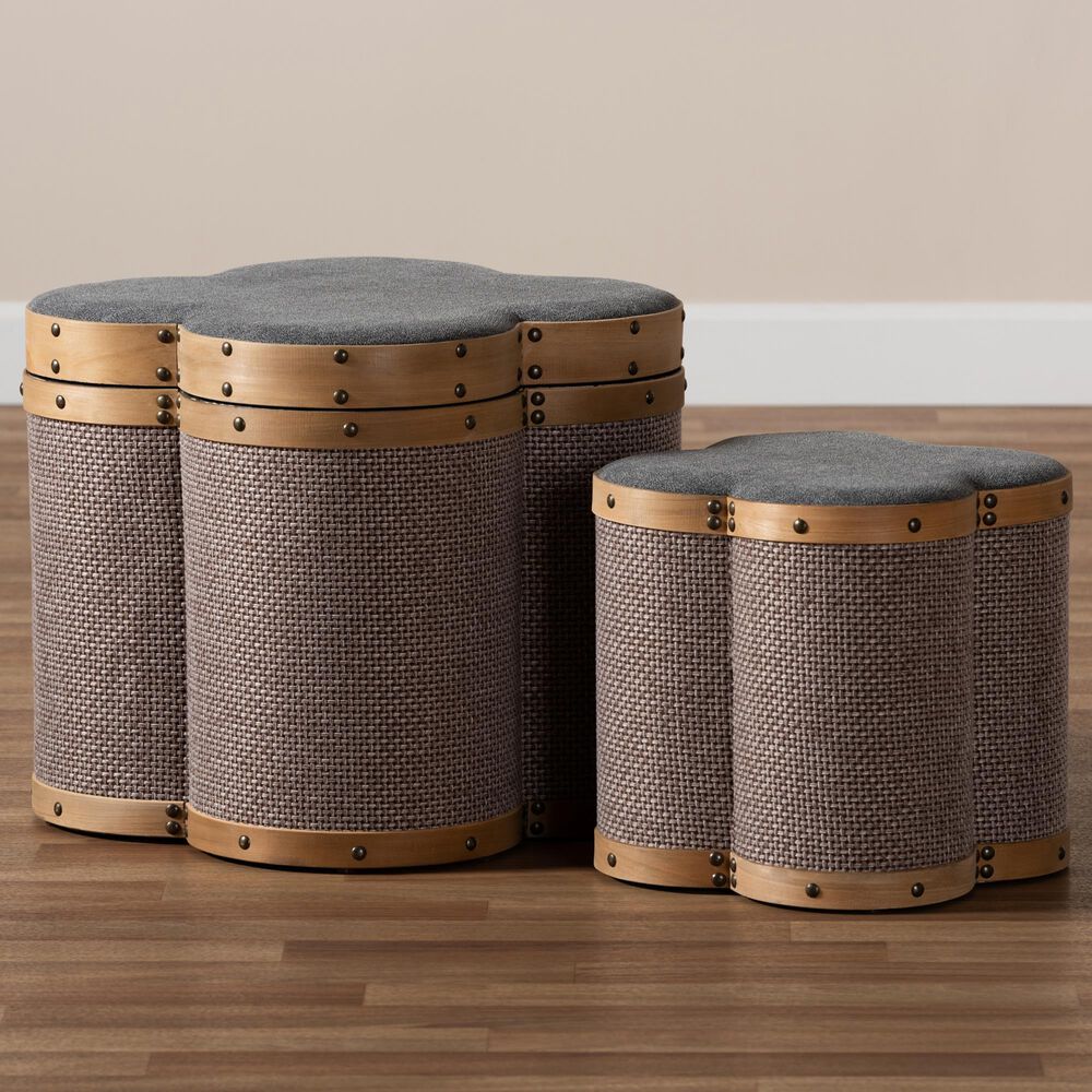 Baxton Studio Marilyn 2-Piece Storage Ottoman Set in Oak Brown and Grey, , large