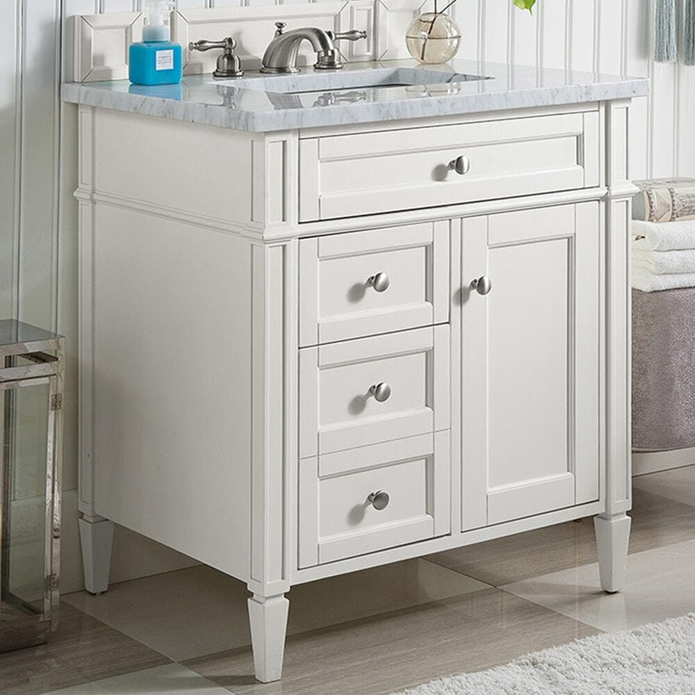 James Martin Vanities Brittany 30&quot; Single Bathroom Vanity in Bright White with 3 cm Carrara White Marble Top and Rectangle Sink, , large