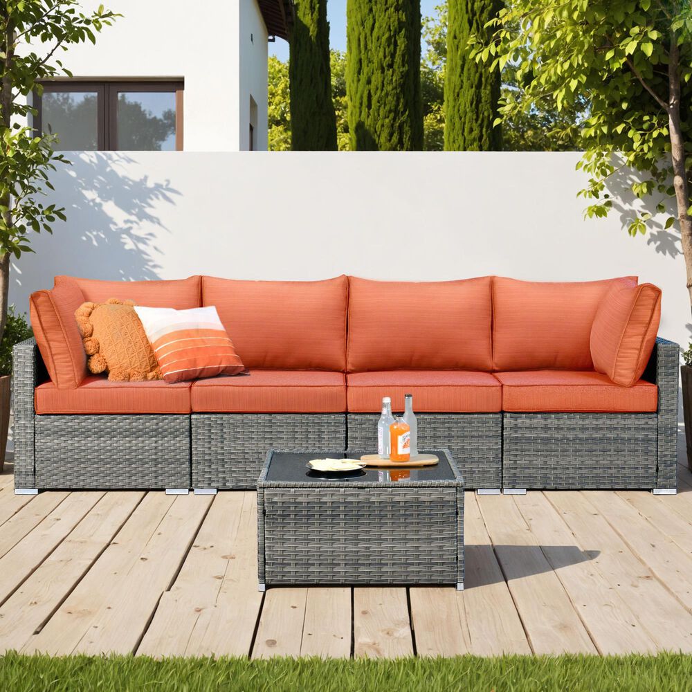 HOMLUX 5-Piece Patio Conversation Set with Two Ottomans in Orange Red, , large