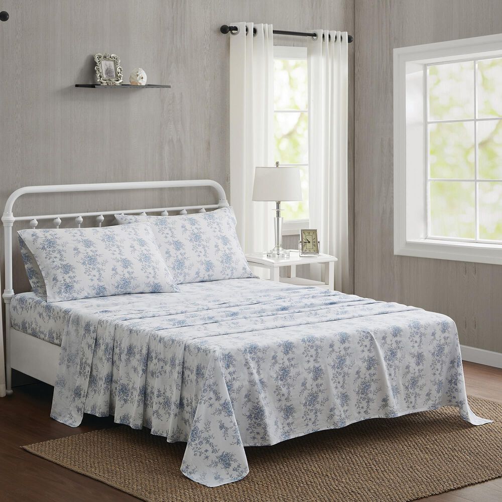 Pem America British Rose 4-Piece Queen Sheet Set in White and Blue, , large