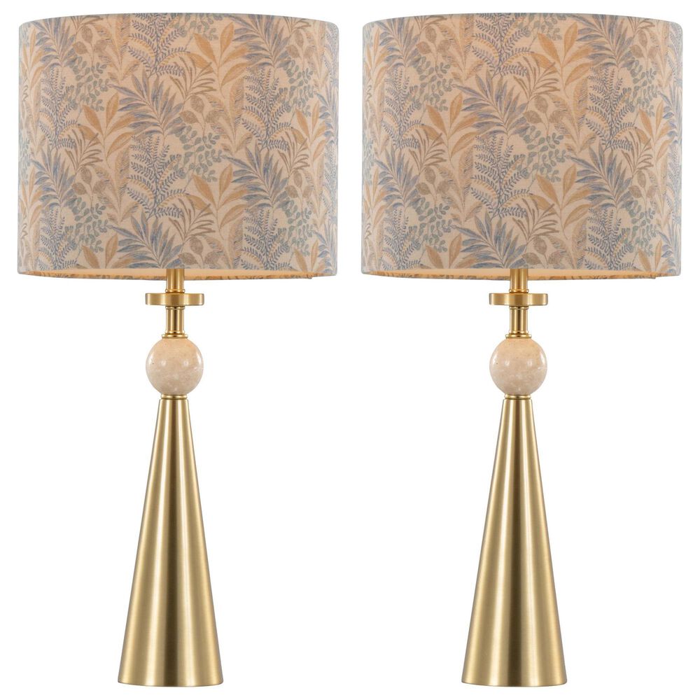 LumiSource Cone Travertine Table Lamp with Tan Leaf Shade in Gold (Set of 2), , large