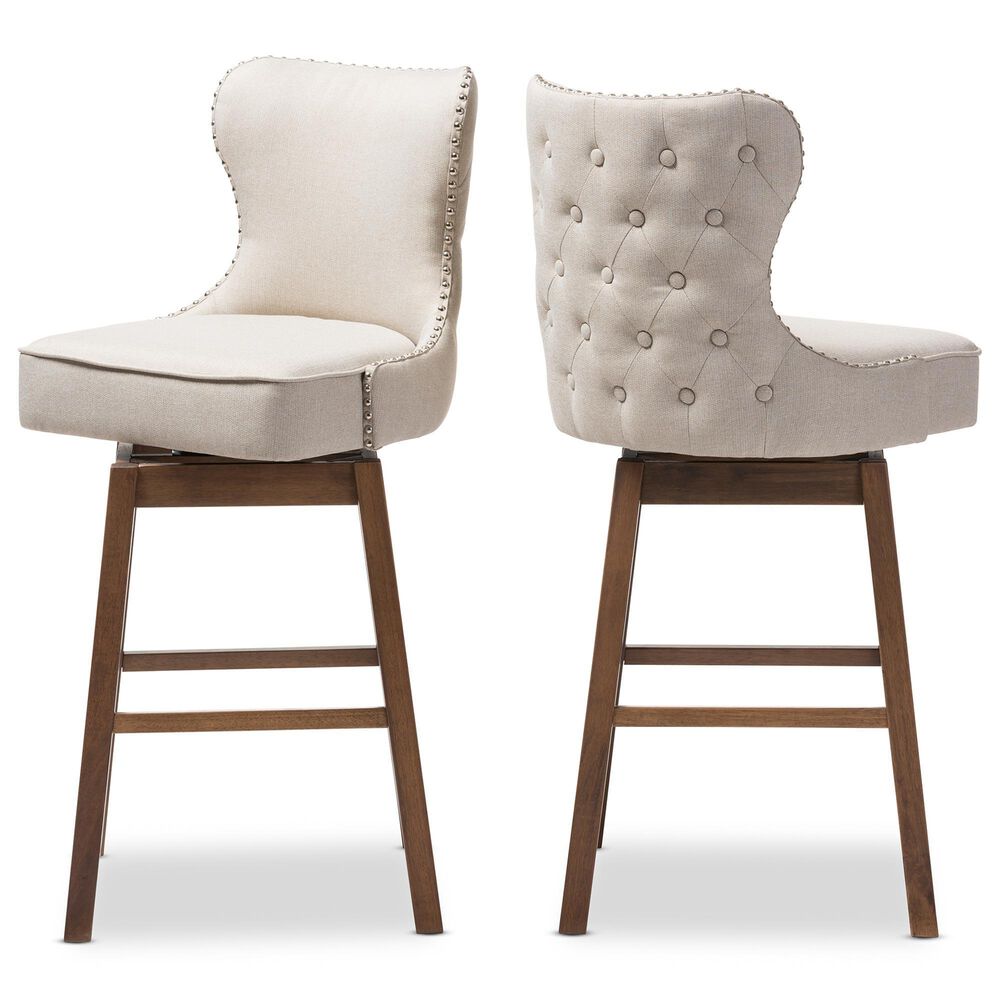 Baxton Studio Gradisca Swivel Bar Stool with Light Beige Cushion in Dark Walnut (Set of 2), , large