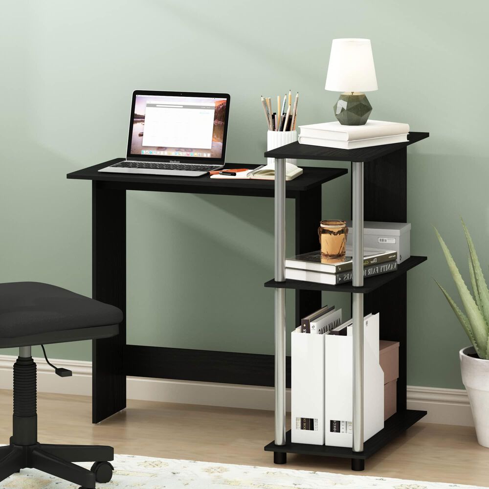 HOMLUX L-Shaped Computer Desk with Open Display Shelves in Americano and Stainless Steel, , large