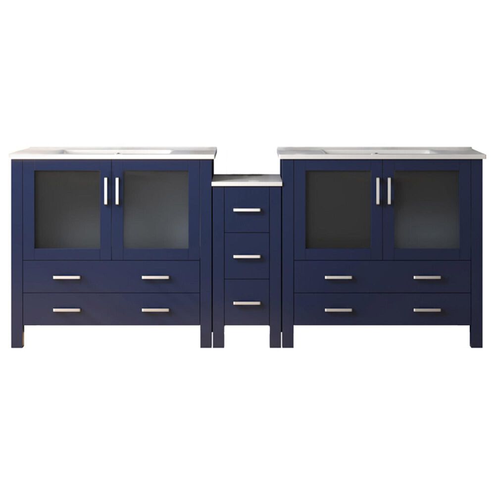 Lexora Home Volez 84&quot; Double Bathroom Vanity in Navy Blue with 2 cm White Ceramic Top, Rectangular Sinks and Side Cabinet, , large