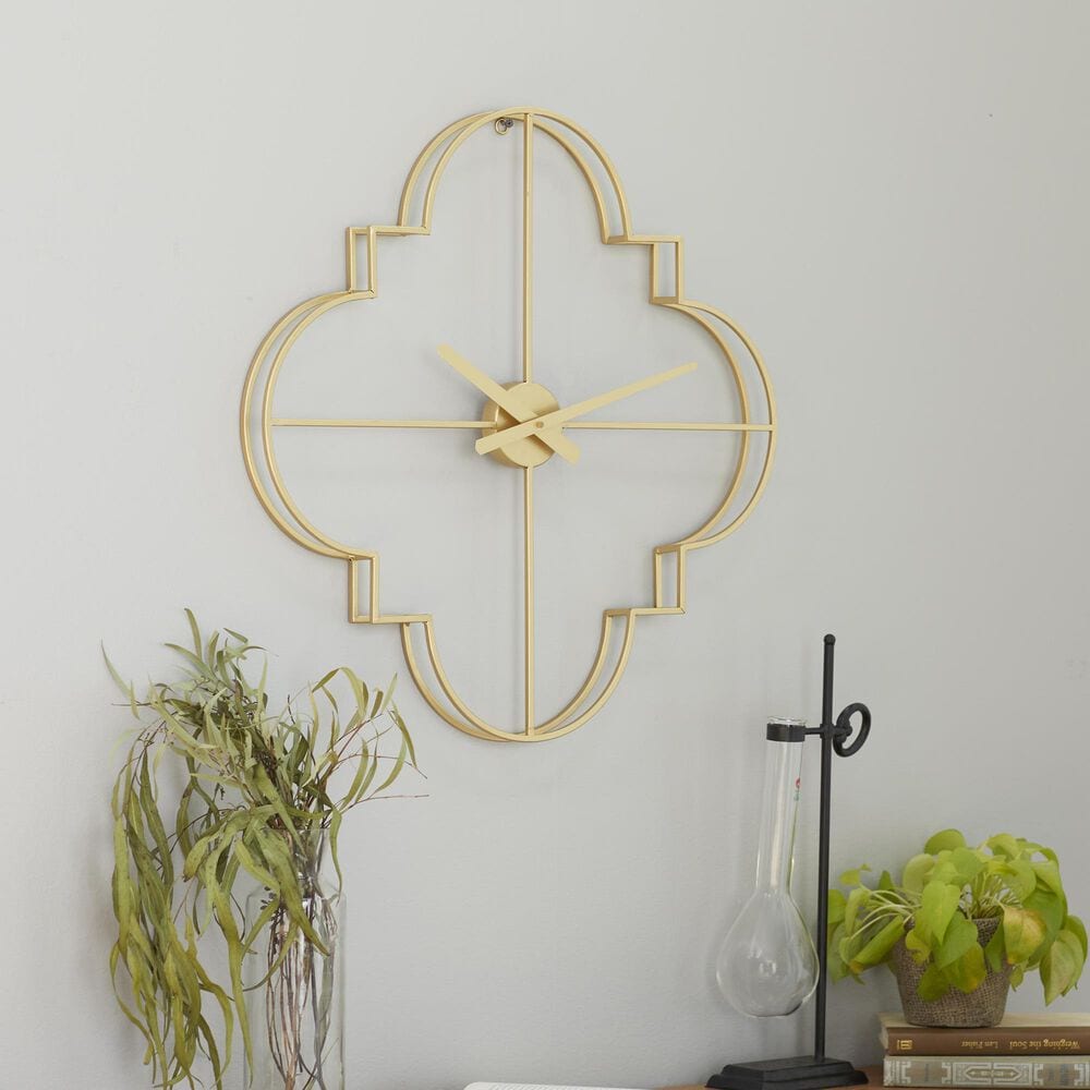 Maple and Jade Open Frame Quatrefoil Decorative Wall Clock in Satin Gold, , large