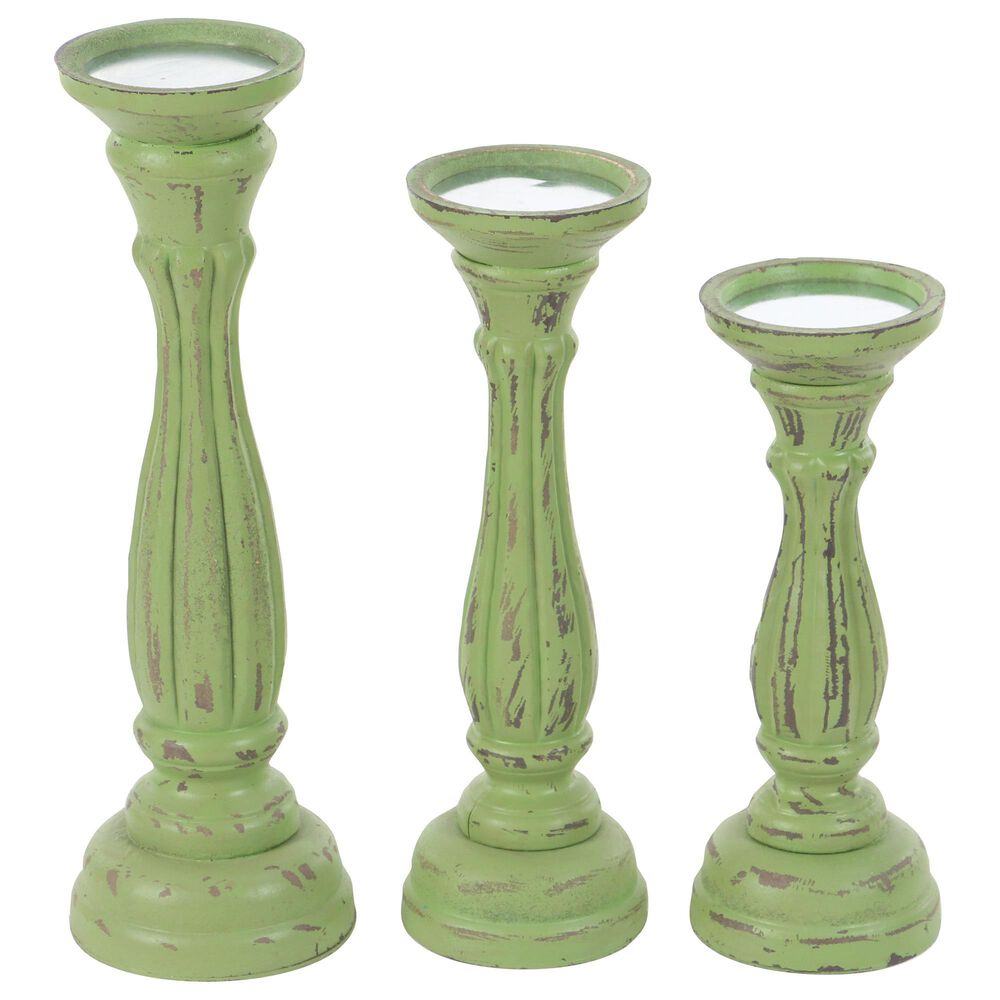 Maple and Jade Traditional Wood Candle Holders in Green (Set of 3), , large