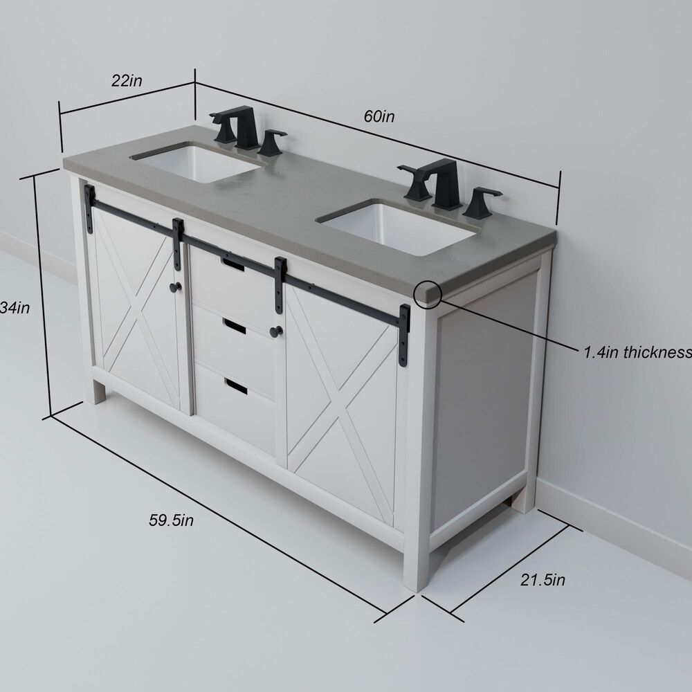 Lexora Home Marsyas 60" Double Bathroom Vanity in White with Grey Quartz Top and Rectangular Sinks, , large