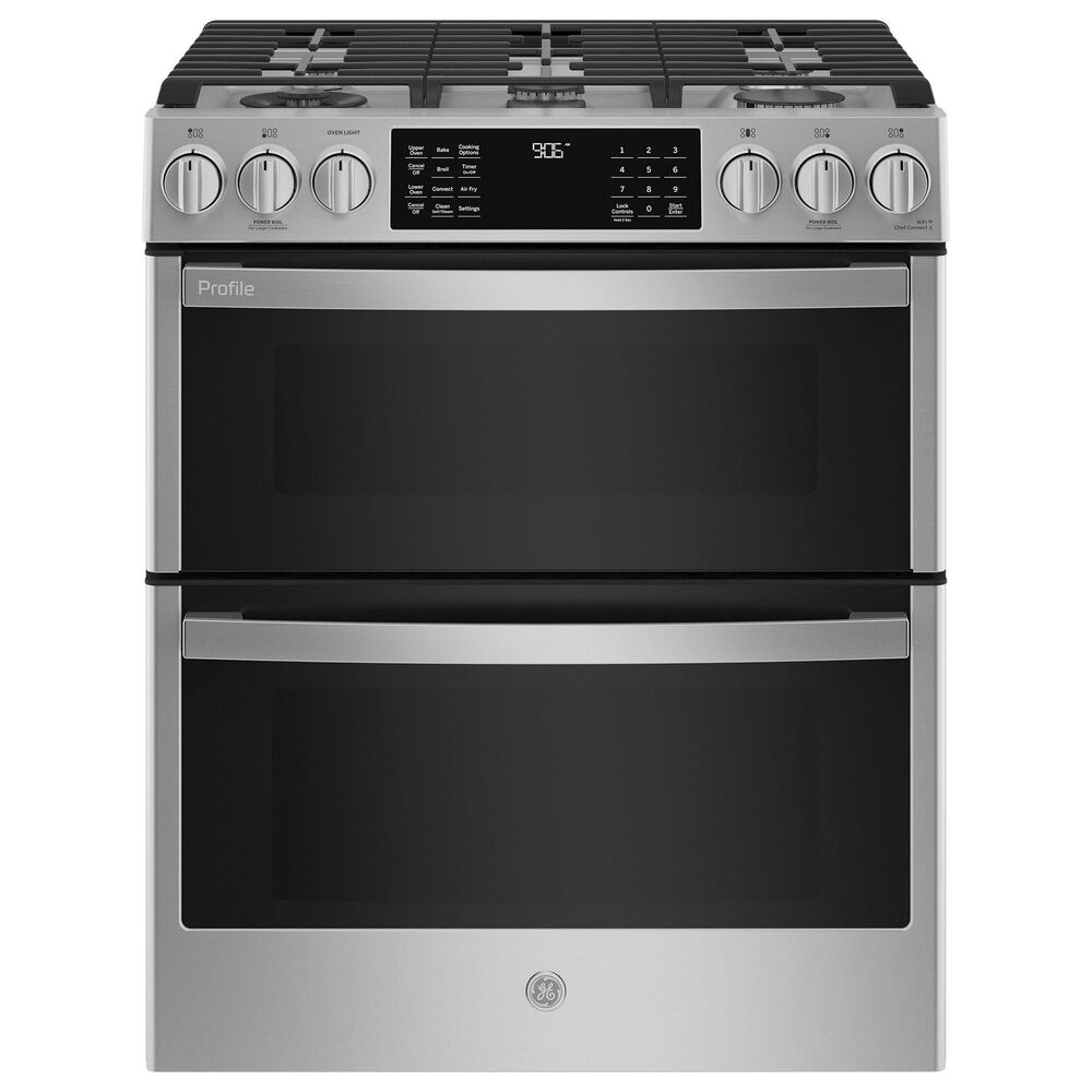 GE Profile 2-Piece Kitchen Package with 30&quot; Gas Double Oven and 1.7 Cu. Ft. Microwave Oven in Fingerprint Resistant Stainless Steel, , large