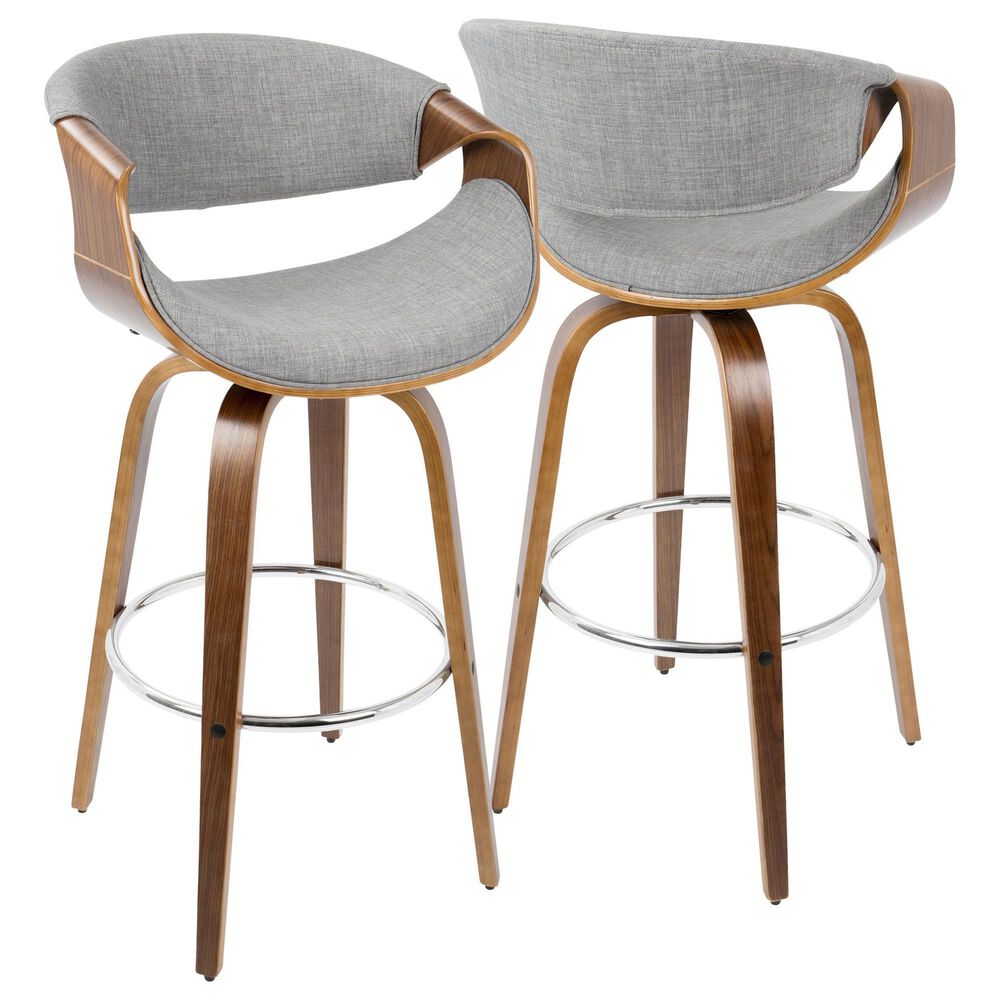 LumiSource Curvini 30" Swivel Barstool with Grey Upholstery in Walnut and Chrome (Set of 2), , large