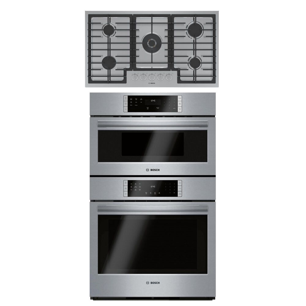 Bosch 800 Series 2-Piece Kitchen Package with 30" Double Combination Oven 36" Gas Cooktop and in Stainless Steel, , large