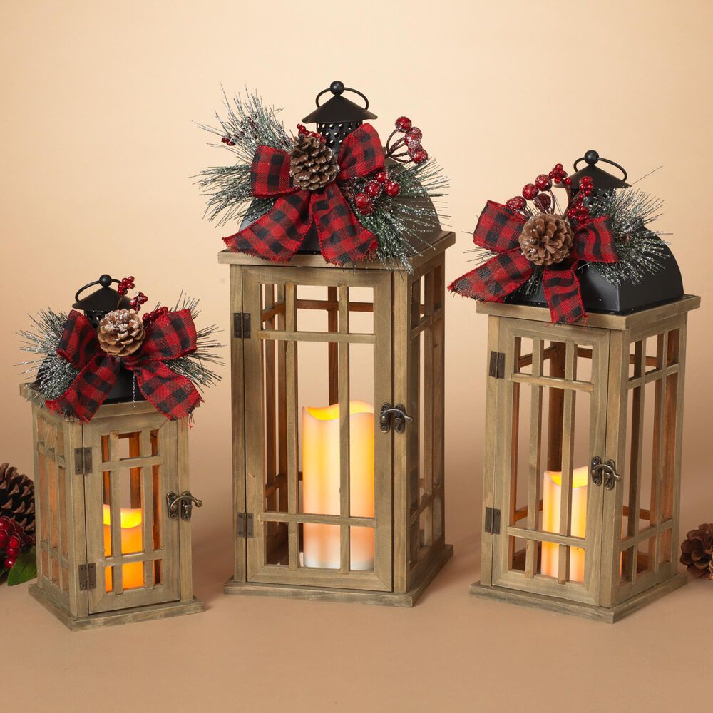 The Gerson Company 3-Piece Holiday Lantern Set with LED Candle and Floral Accent in Brown, , large