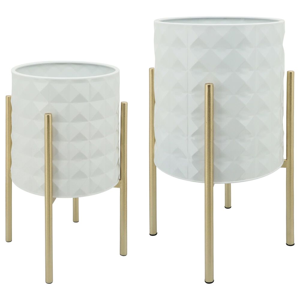 Sagebrook Home Diamond Planters on Metal Stand in White and Gold (Set of 2), , large