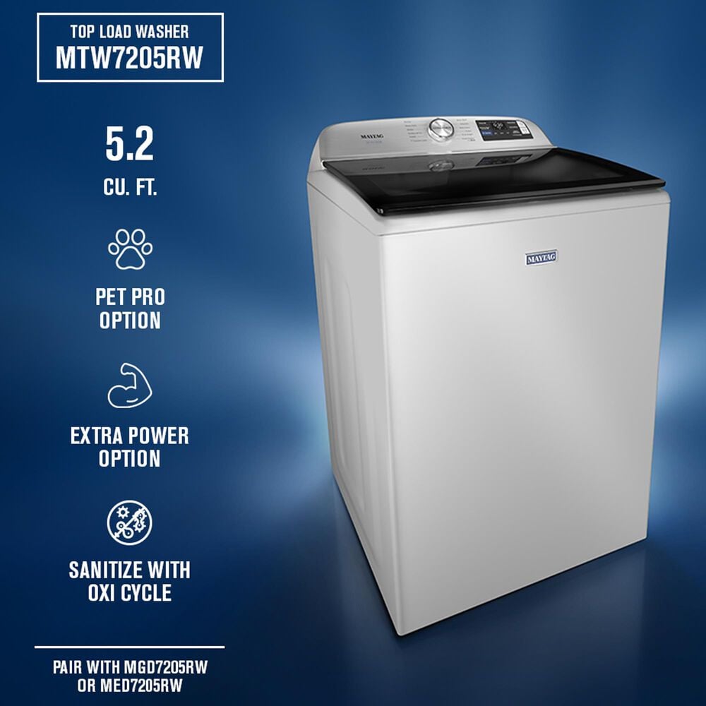 Maytag 5.2 Cu. Ft. Smart Pet Pro Top Load Agitator Washer and 7.4 Cu. Ft. Smart Gas Top Load Dryer Laundry Pair in White, , large