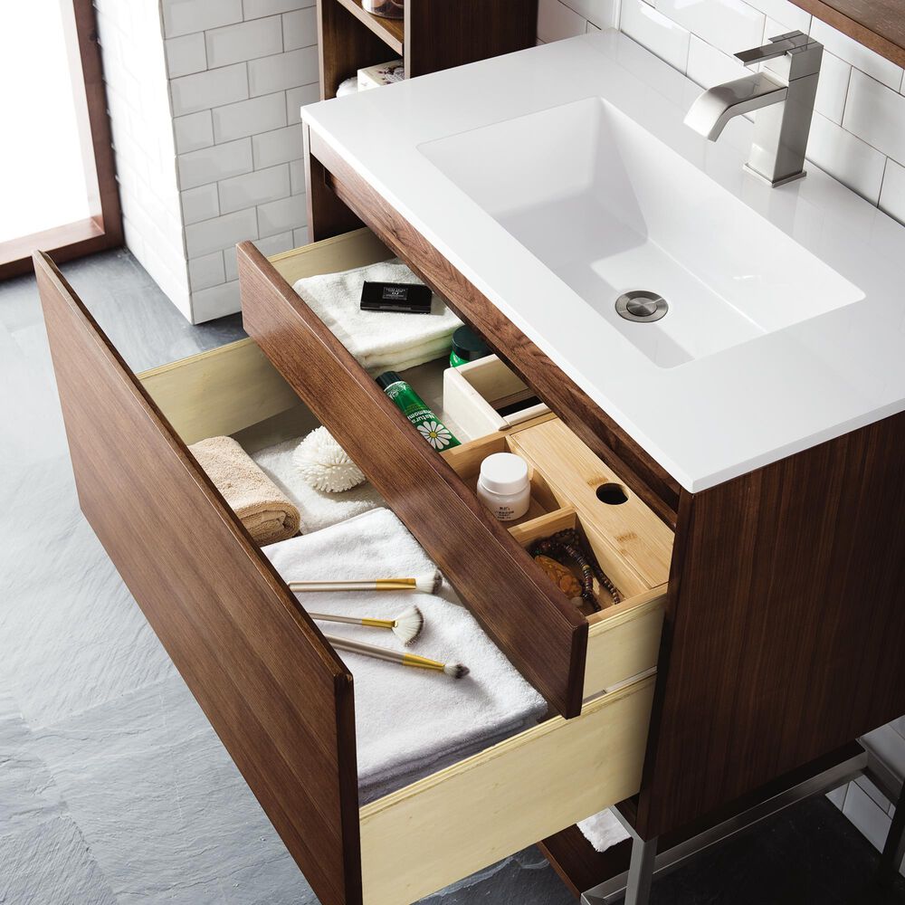 James Martin Vanities Mantova 31.5&quot; Single Vanity in Mid-Century Walnut with 3 cm Glossy White Composite Stone Top and Rectangular Sink, , large
