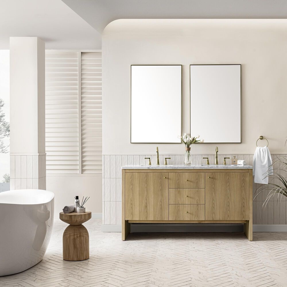 James Martin Vanities Hudson 60&quot; Double Bathroom Vanity in Light Natural Oak with 3 cm Carrara White Marble Top and Rectangular Sinks, , large