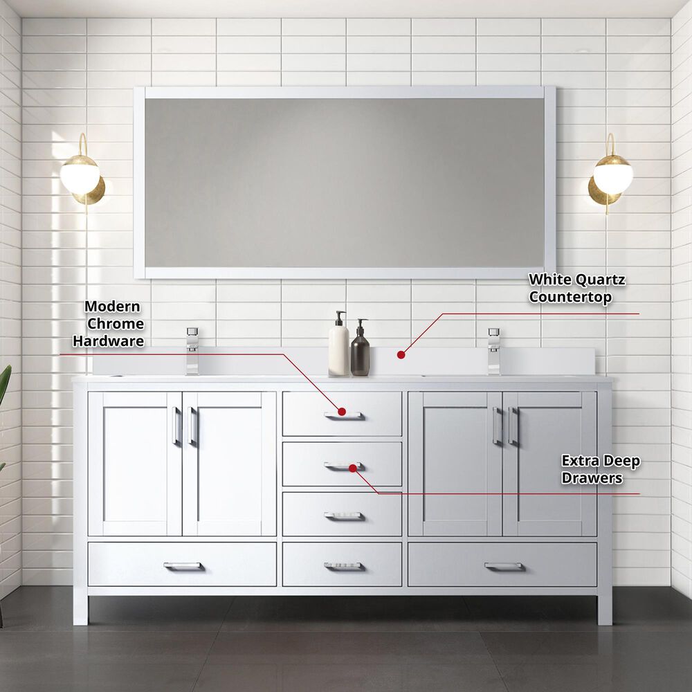 Lexora Home Jacques 72&quot; Double Bathroom Vanity in White with 2 cm White Quartz Top and Rectangular Sinks, , large