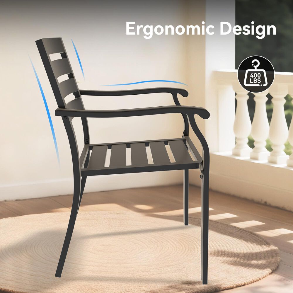Hearth and Haven 5-Piece Outdoor Metal Dining Set with Stackable Chairs and Round Slatted Table in Black, , large