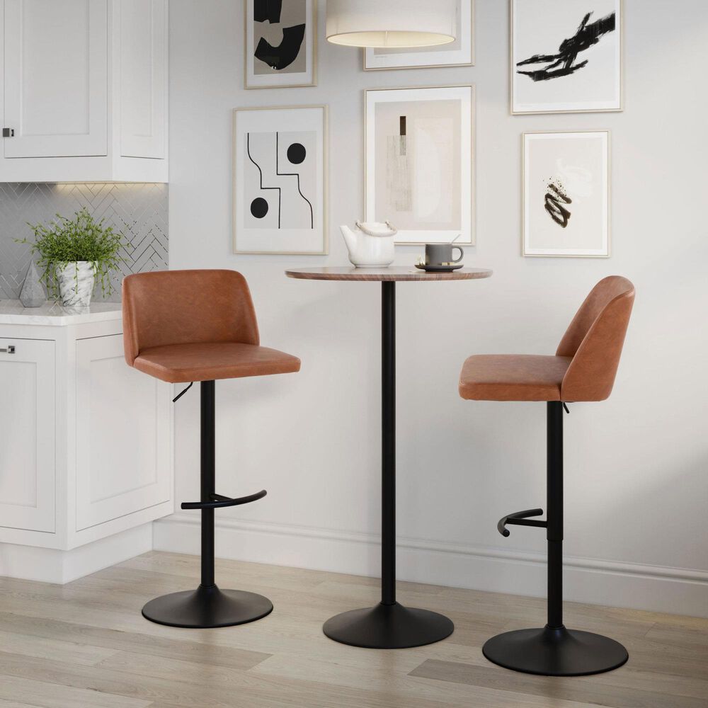 LumiSource Toriano Swivel Adjustable Bar Stool with Camel Faux Leather Upholstery in Black (Set of 2), , large