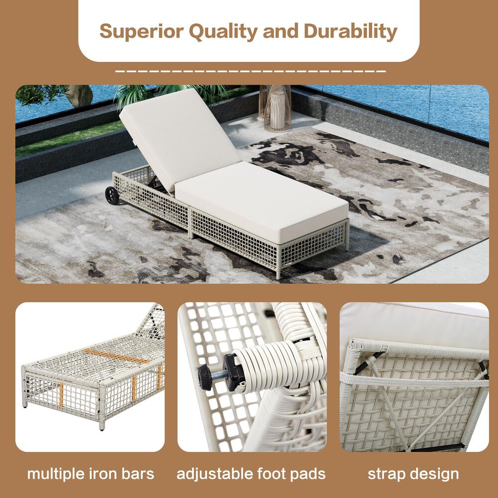 HOMLUX Patio Chaise Lounge with Creamy White Rattan in Beige, , large