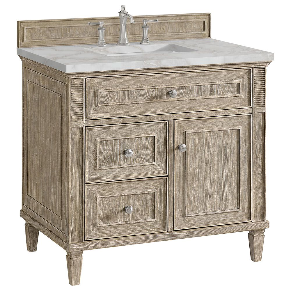 James Martin Vanities Lorelai 36" Single Vanity in Whitewashed Oak with 3cm Victorian Silver Quartz Top, , large