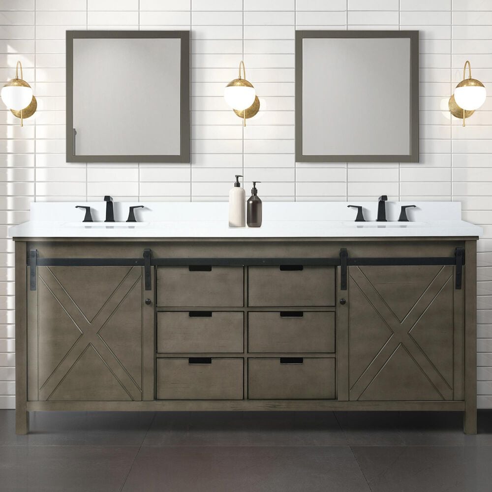 Lexora Home Marsyas 80&quot; Double Bathroom Vanity in Rustic Brown with 2 cm White Cultured Marble Top and Rectangular Sinks, , large