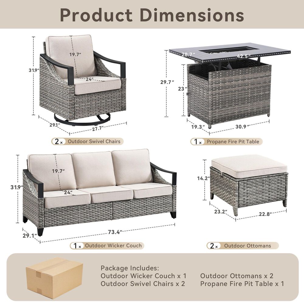 Sunwell Garden 6-Piece Patio Conversation Set with Fire Pit in Beige, , large