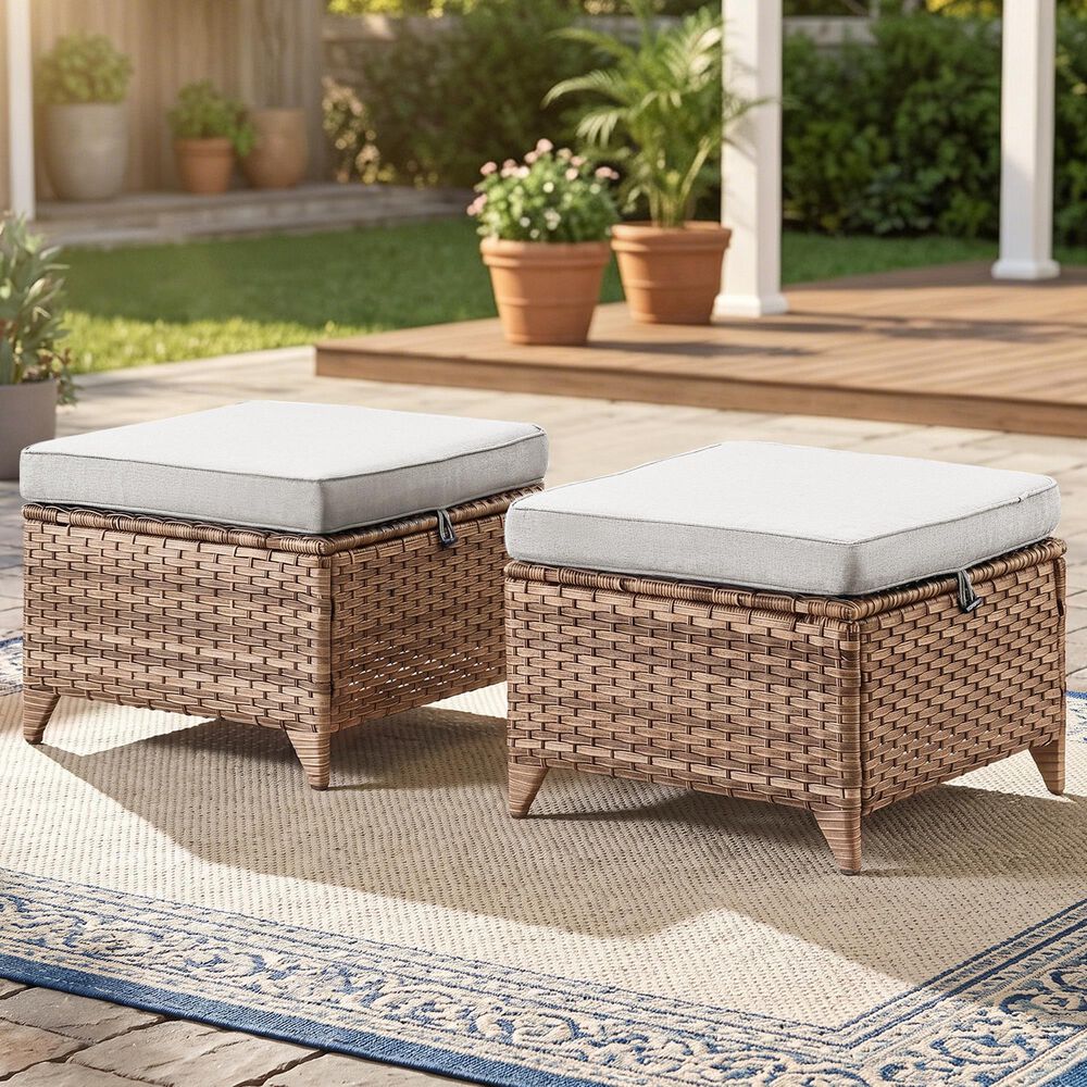Sunwell Garden Outdoor Ottoman with Yellow Rattan in Beige (Set of 2), , large