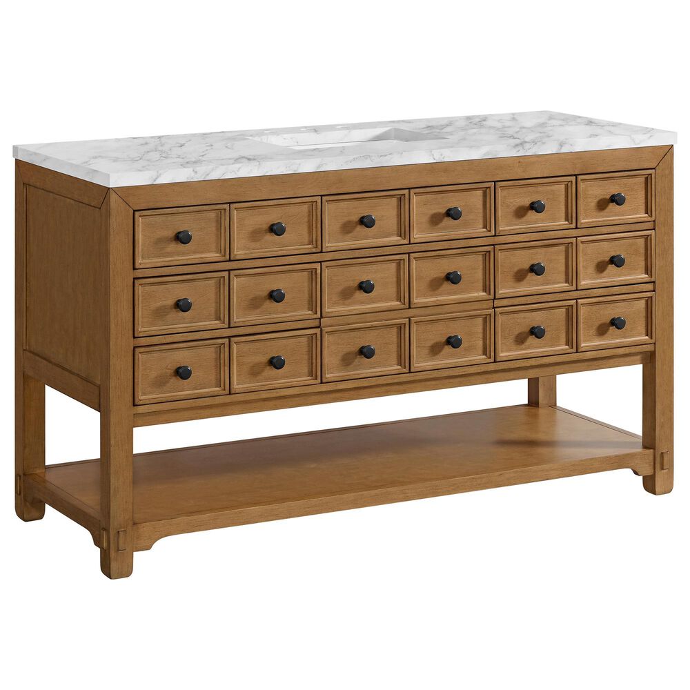 James Martin Malibu 60&quot; Single Bathroom Vanity in Amber Birch with 3 cm Carrara White Marble Top and Rectangular Sink, , large